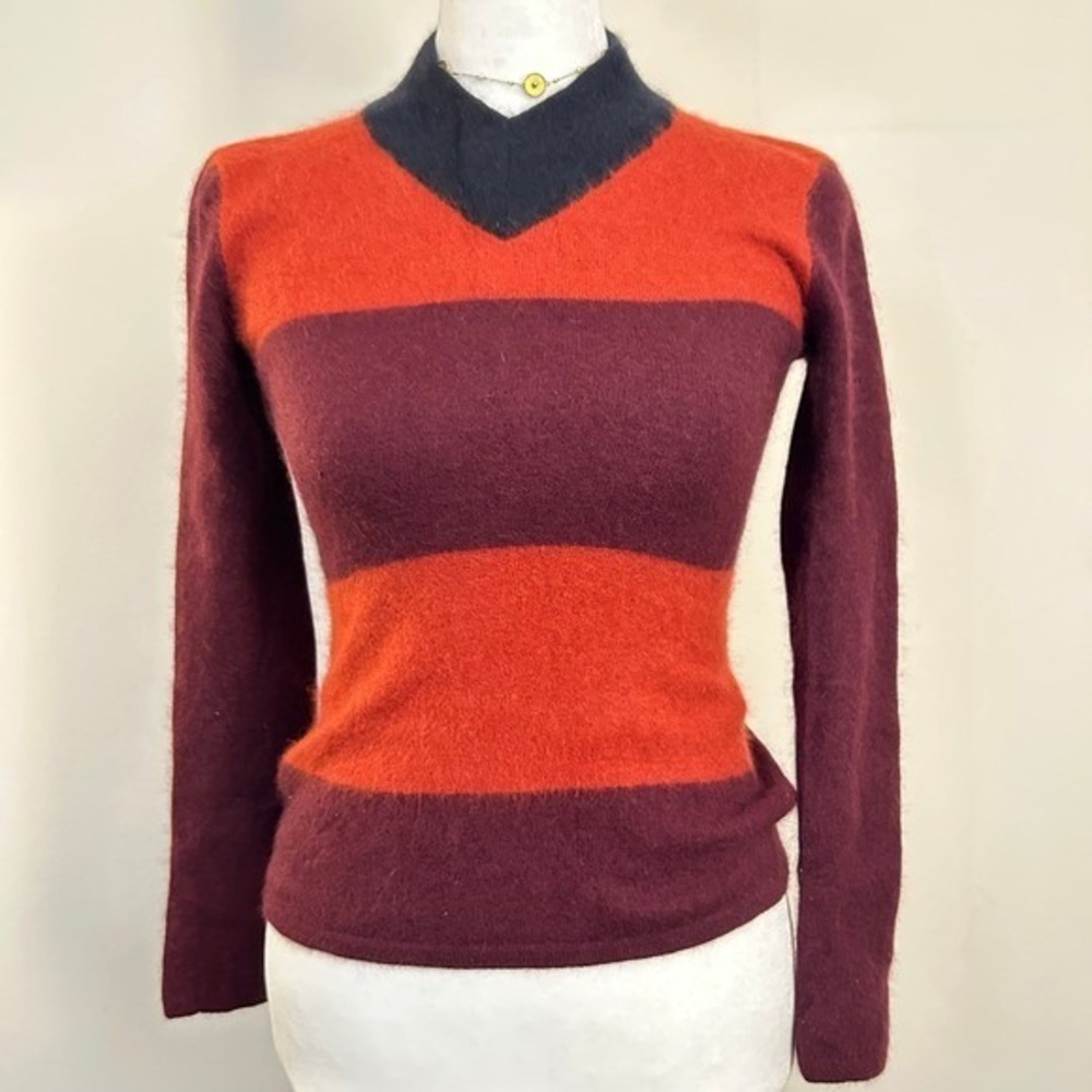 INC‎ International Concepts Angora Blend Striped Fuzzy Sweater Orange Burgundy S